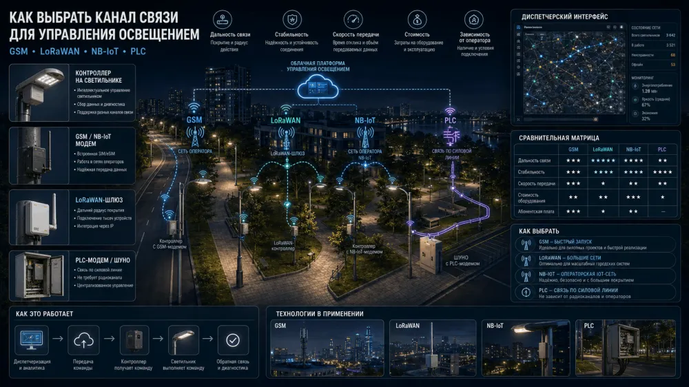 Как выбрать канал связи для управления освещением: GSM, LoRaWAN, NB-IoT или PLC