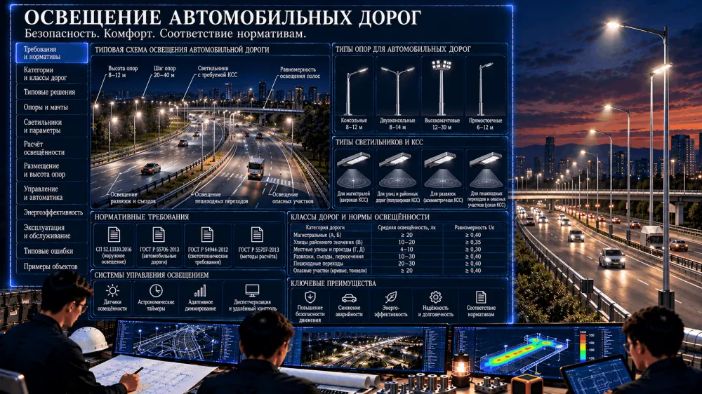 Освещение автомобильных дорог: особенности, нормы и требования